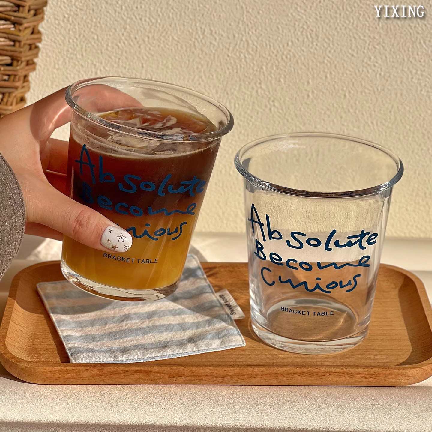 ins风咖啡杯蓝色字母玻璃杯冰美式拿铁冷饮果汁杯高颜值喝水杯子