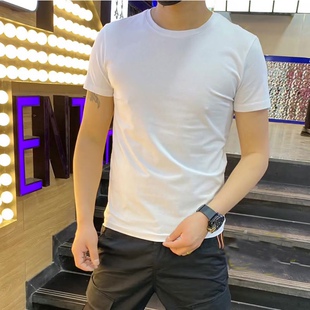 夏季男士纯色圆领t恤纯棉百搭打底短袖精神小伙简约修身半袖体恤