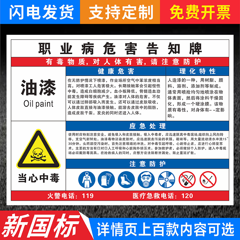 油漆职业病危害告知卡牌电焊烟尘弧光喷漆作业安全警示牌油墨天那水工厂车间化学品职业病危害标识卡牌定制