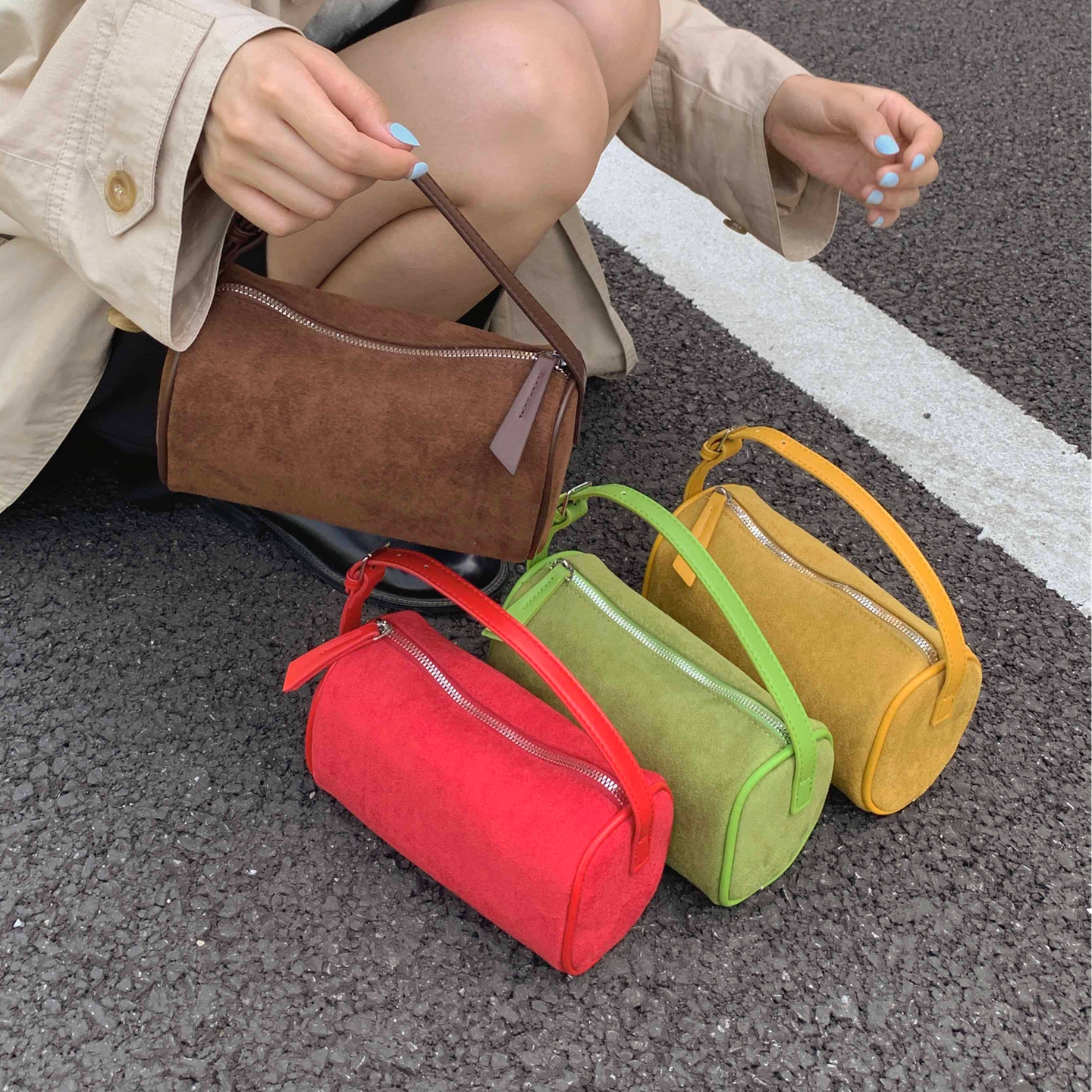 极简麂皮绒红色手提斜挎包