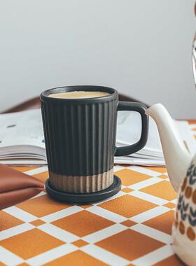 宅半复古粗陶带盖马克杯竖条纹陶瓷早杯餐220710牛奶公情侣办室防