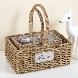 简约现代蝴蝶兰花盆包装草编提篮鲜花提手提插花藤编手提花篮花盆