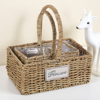 厂家节日伴礼品包装草编提篮鲜花提手提插花藤编手提花篮花盆编织