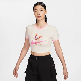 耐克Nike 女子短款高腰休闲粉色小狗印花半截袖T恤 HM4621-133