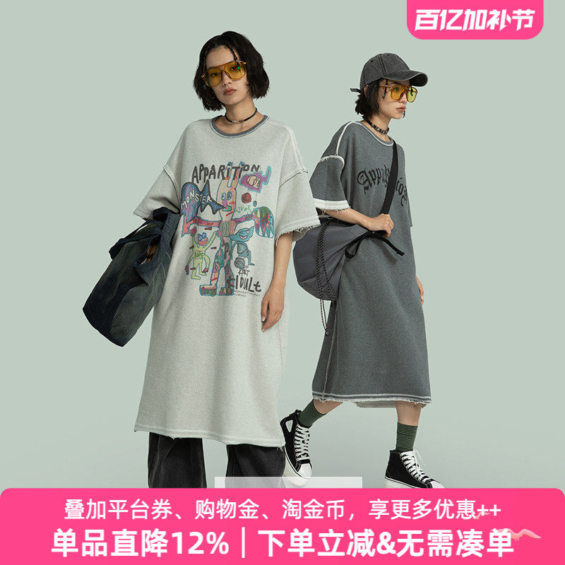 APPARITION【双面可穿/两种效果】长款短袖连衣裙 宽松一件套卫衣