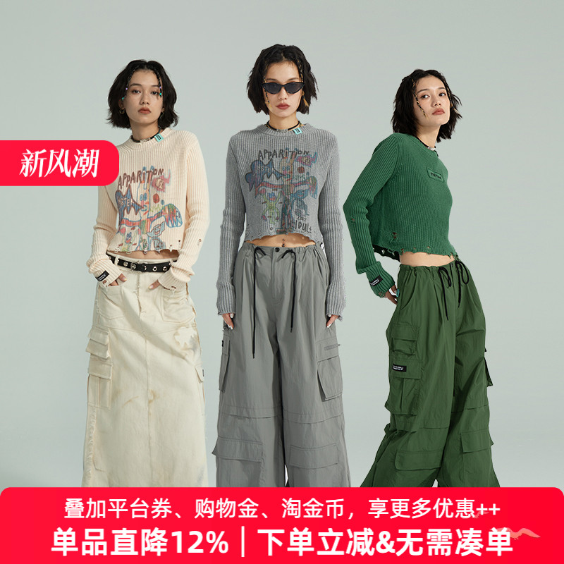 APPARITION 插画印花 手工破洞 圆领套头毛衫针织衫