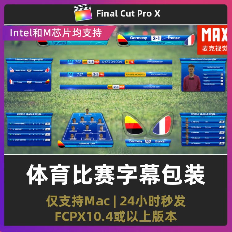 finalcutpro插件 体育比赛字幕足球游戏解说排名比分字幕fcpx插件