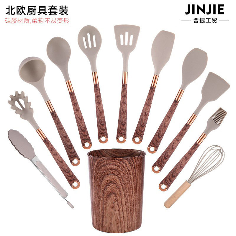 硅胶木纹厨具12件套不粘锅勺铲套装防烫镀金木纹手柄烹饪用具