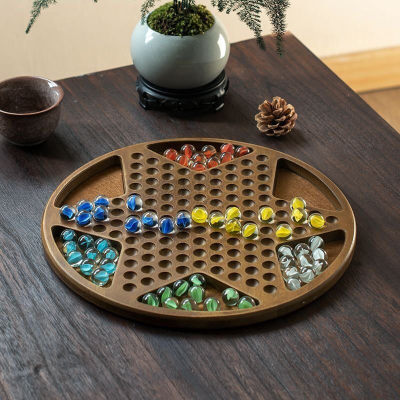 木质六角弹珠跳棋棋盘玻璃珠跳棋儿童学生高档益智子学生玻璃弹珠