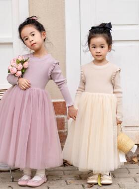 2025新款春女童连衣裙纯棉毛衣拼网纱蓬蓬裙公主裙生日小礼服洋气
