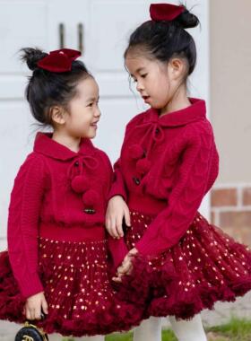 女童毛衣开衫小女孩红色喜庆新年年衣圣诞节针织凸凸裙套装毛球球