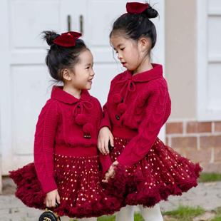 女童毛衣开衫小女孩红色喜庆新年年衣圣诞节针织凸凸裙套装毛球球