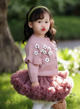 24年秋冬女童俄罗斯手工绣花毛衣开衫小女孩公主针织外套洋气