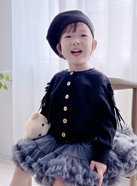 秋冬女童黑色翅膀毛衣开衫女宝宝棉针织开衫网红百搭TUTU半身裙潮