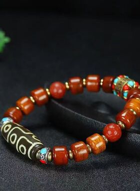 西藏老天珠九眼牛骨天珠老玛瑙真品手串手链真品保真首饰老包浆