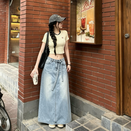 高个子拖地牛仔半身长裙女高腰渐变水洗遮胯显瘦重工开叉牛仔半裙