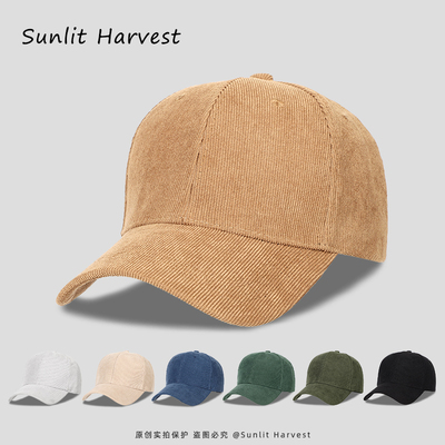 日系复古灯芯绒棒球帽子女简约纯色硬顶百搭显脸小遮太阳鸭舌帽男