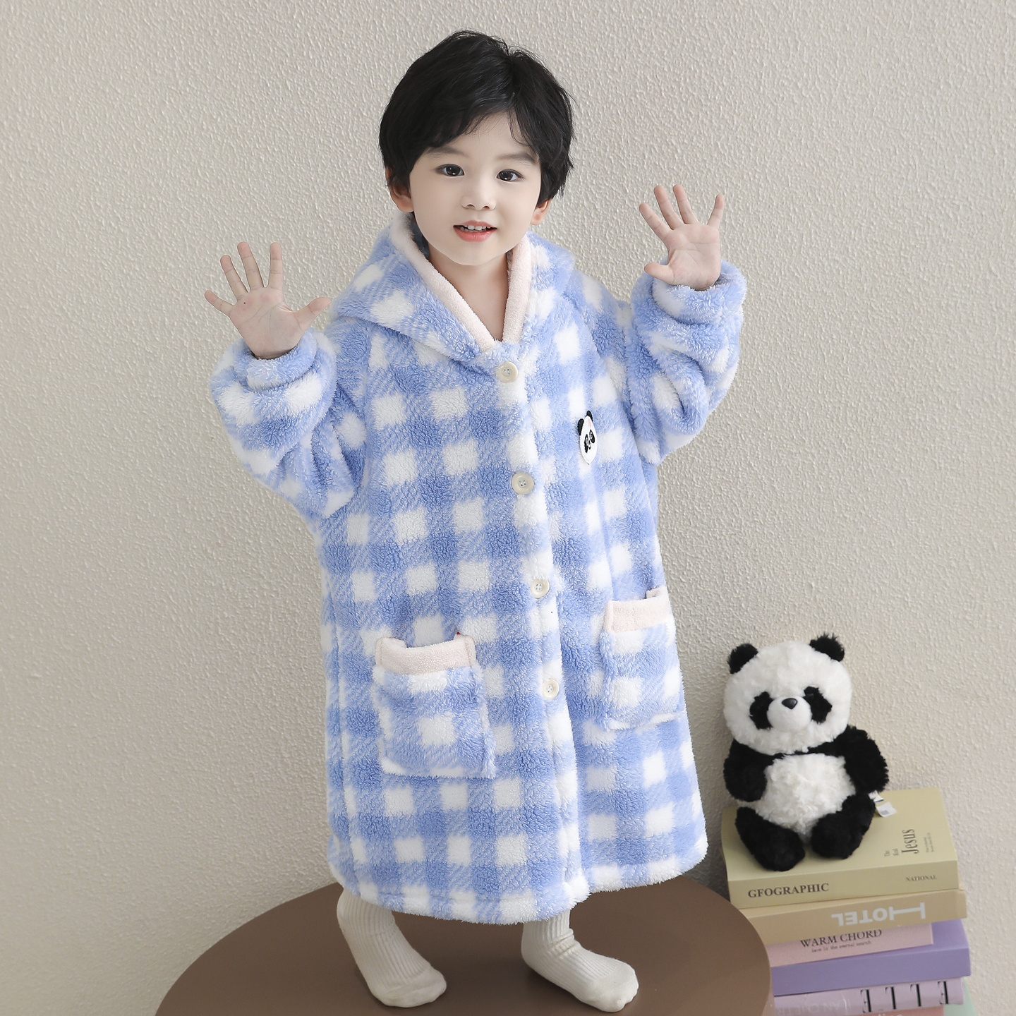 男童法兰绒睡袍儿童秋冬季加绒加厚浴袍男孩珊瑚绒格子睡衣家居服