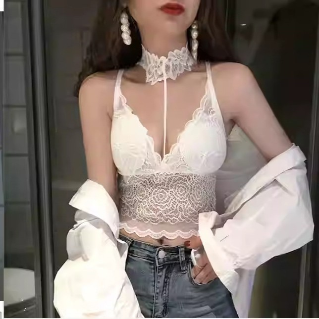纯欲辣妹性感蕾丝红色小吊带美背背心带胸垫裹胸内搭挂脖抹胸上衣