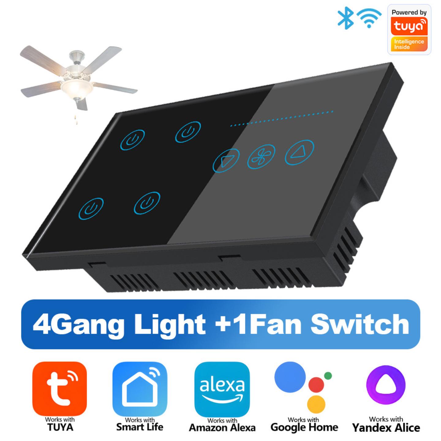 WiFi智能4路开关+1个风扇调速开关远程定时语音控制钢化玻璃