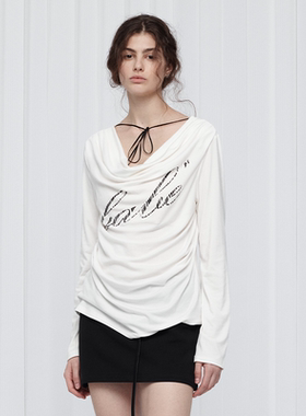 Sound of trio*荡领印花多穿法丝绒带天丝长袖T恤｜Top上衣｜白色