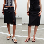 trio Sound 假两件翻腰条纹蕾丝拼接中裙