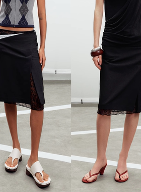 Sound of trio*假两件翻腰条纹蕾丝拼接中裙