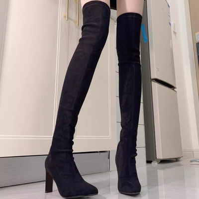 绒面高跟长靴弹力靴瘦瘦靴尖头