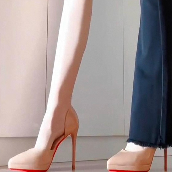 裸色侧空红底高跟鞋女防水台单鞋