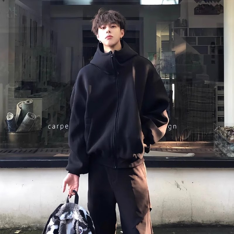 cleanfit黑色高领卫衣男款重磅美式开衫外套秋冬潮牌高级感连帽