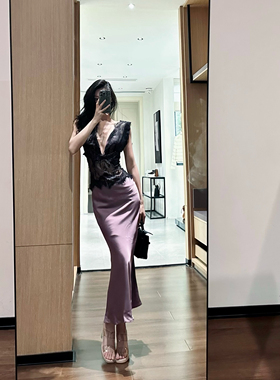 ISGRX紫罗兰纯欲性感蕾丝拼接V领吊带连衣裙女御姐紫色显瘦包臀裙