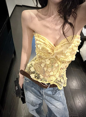 ISGRX闪耀星辰黄色蕾丝抹胸女性感微透扭结绑带纯欲上衣