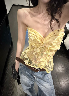 ISGRX闪耀星辰黄色蕾丝抹胸女性感微透扭结绑带纯欲上衣