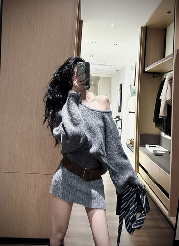 ISGRX 自由至上 原创设计灰色毛衣纯羊毛休闲慵懒质感连衣裙