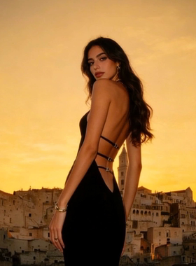 ISGRX  点燃 设计师品牌黑色露背背吊带长裙御姐气质欧美时尚秀场