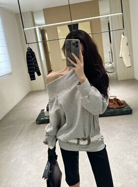 ISGRX 慵懒记 原创设计春夏邪肩卫衣上衣气质休闲灰色上衣