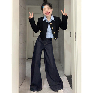 子 美式 慵懒松弛感深蓝大码 牛仔裤 女秋冬高腰垂感胖mm宽松阔腿长裤