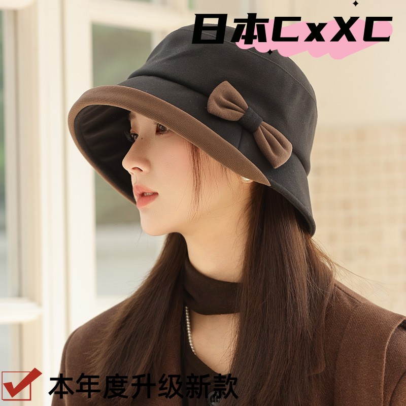 秋冬新款蝴蝶结帽子女高级感渔夫帽休闲百搭保暖水桶帽显脸小e289