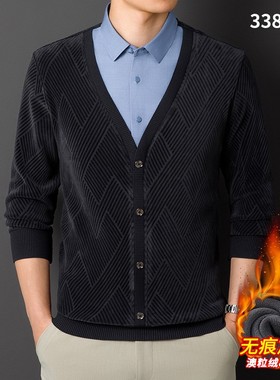 秋冬新款男士轻奢高档弹力加绒加厚假两件衬衫保暖针织衫毛衣xl80