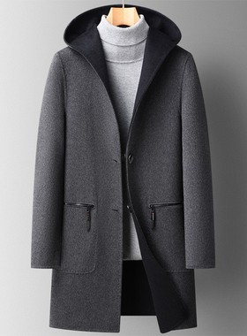 秋冬连帽双面穿羊毛大衣男中长款双面尼大衣风衣男士青年潮流xl05