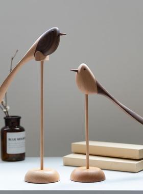 北欧实木小鸟摆件原木雕办公室软装装饰工艺礼品摆饰样板房电视书