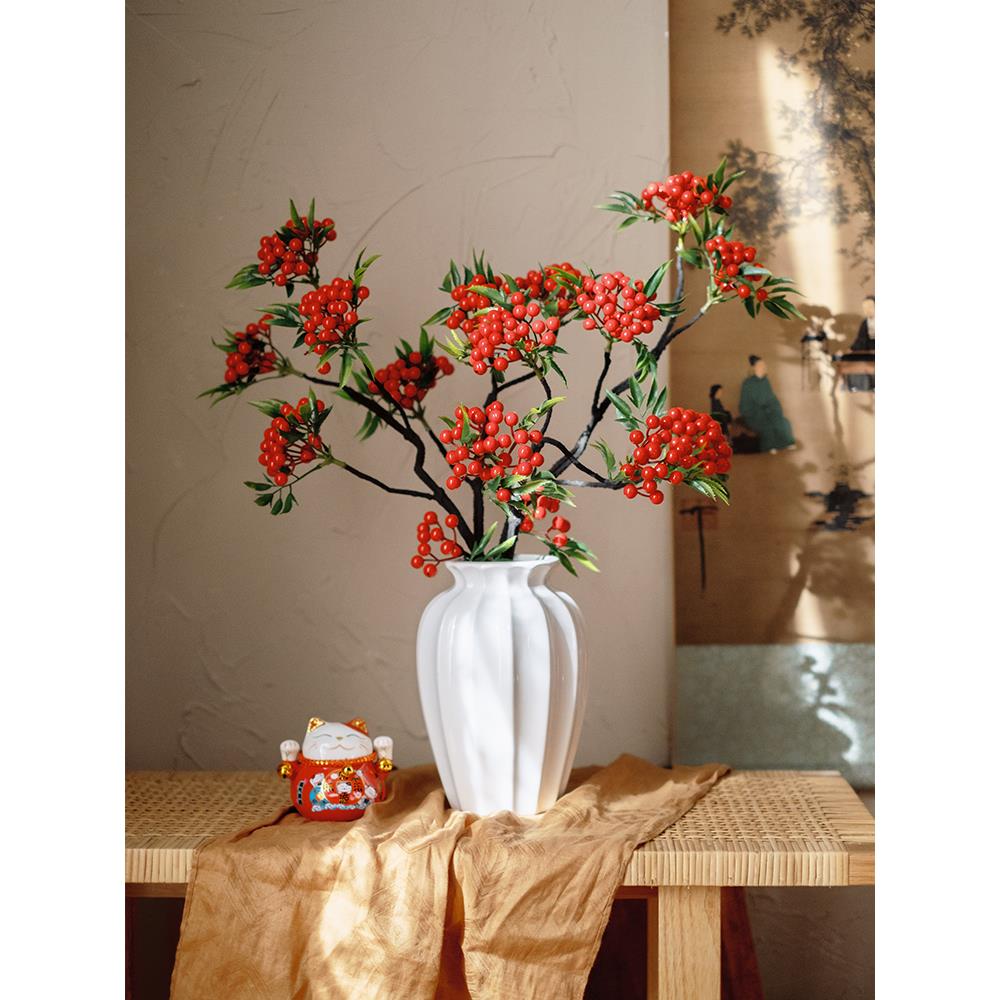 彷真冬青果高端假花束发财浆果枝摆件客厅装饰红果插花喜庆发发果