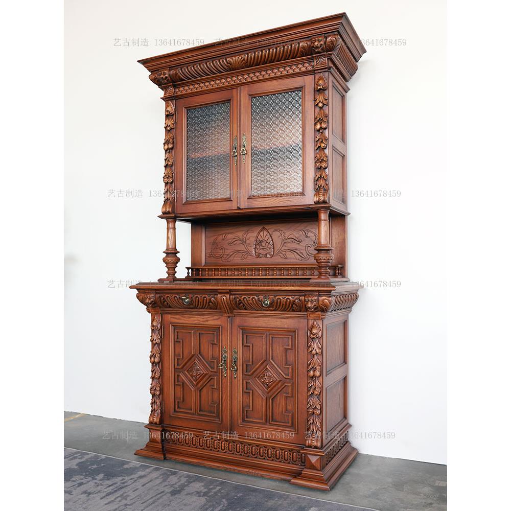 法式中古橡木榫卯结构酒柜餐边柜南洋风柜子复古收纳柜侘寂风书柜