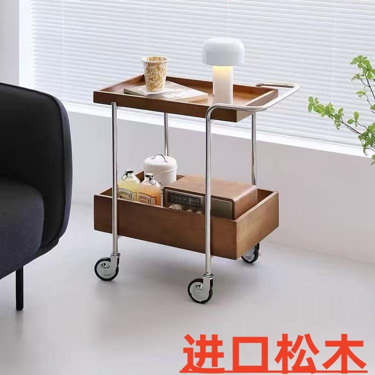新款加厚覆古推车边几客厅小户型置物架移动实木小茶几中古风