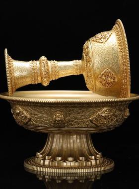 藏式民族黄铜八吉祥高脚雕花丝护法杯圣水杯佛前供水家用供具