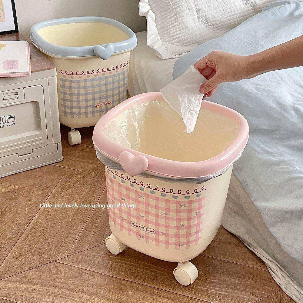 可爱垃圾桶带轮子高颜值压圈纸篓宿舍家用卧室客厅大号收纳垃圾篓
