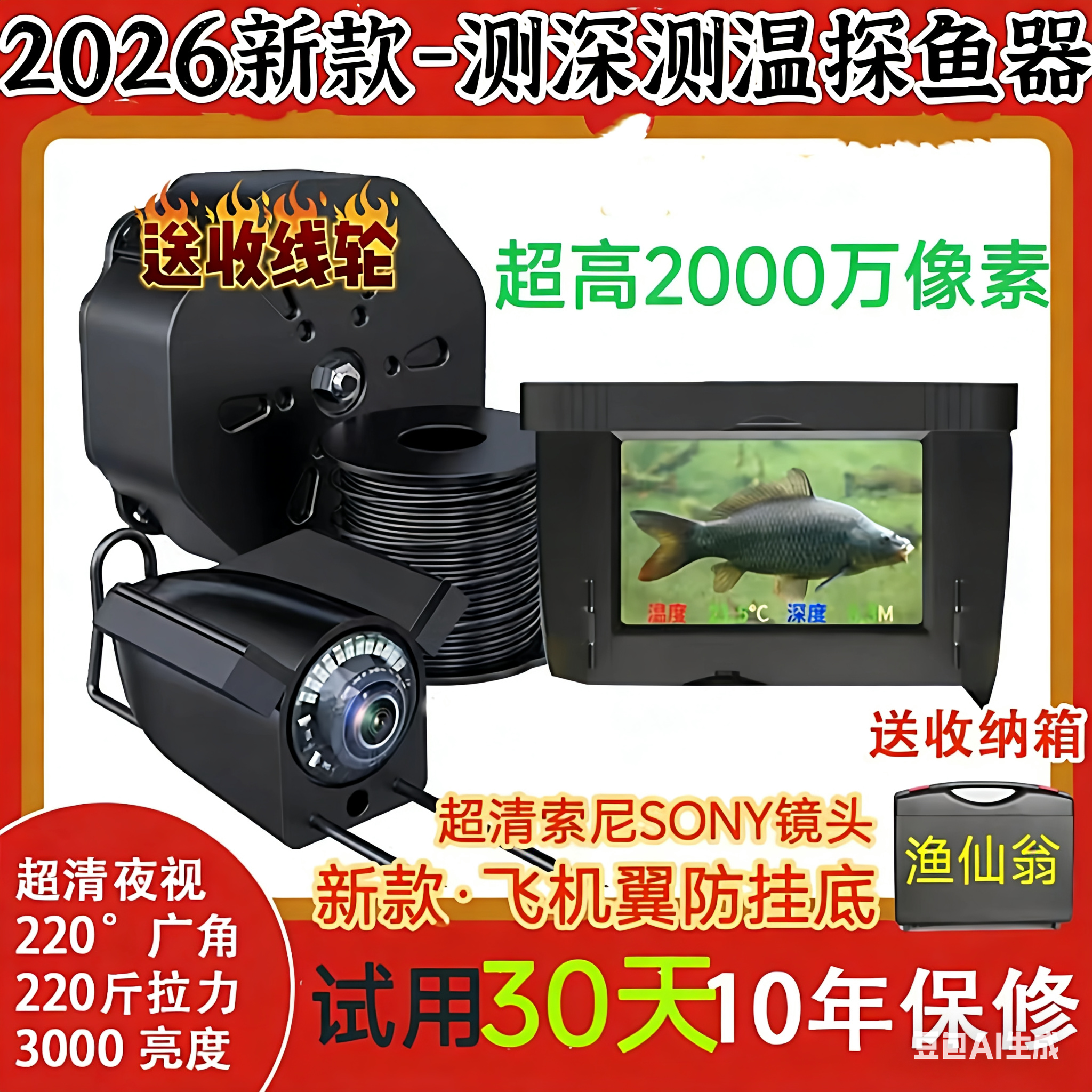 2026渔仙翁探鱼器新款水下超清摄像头可视钓鱼锚鱼看鱼神器水探头