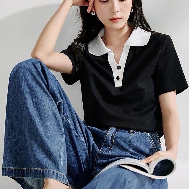 撞色翻领短袖T恤女夏季新款韩版高级感复古气质正肩上衣