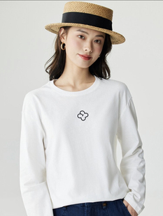 春季新款简约百搭圆领高支数丝光纯棉绣花T恤女宽松长袖上衣休闲