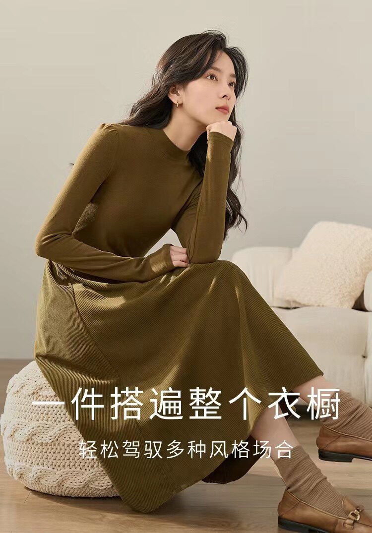 茵曼复古拼接连衣裙女2023冬新款半高领长袖打底衫收腰a字半身裙怎么看?